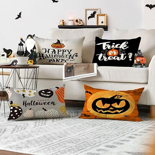 Miniatura 10 de Juego de 4 fundas de almohada de Halloween de 18 x 18 pulgadas, decoración de calabaza, fundas de almohada espeluznantes de fantasmas negros de