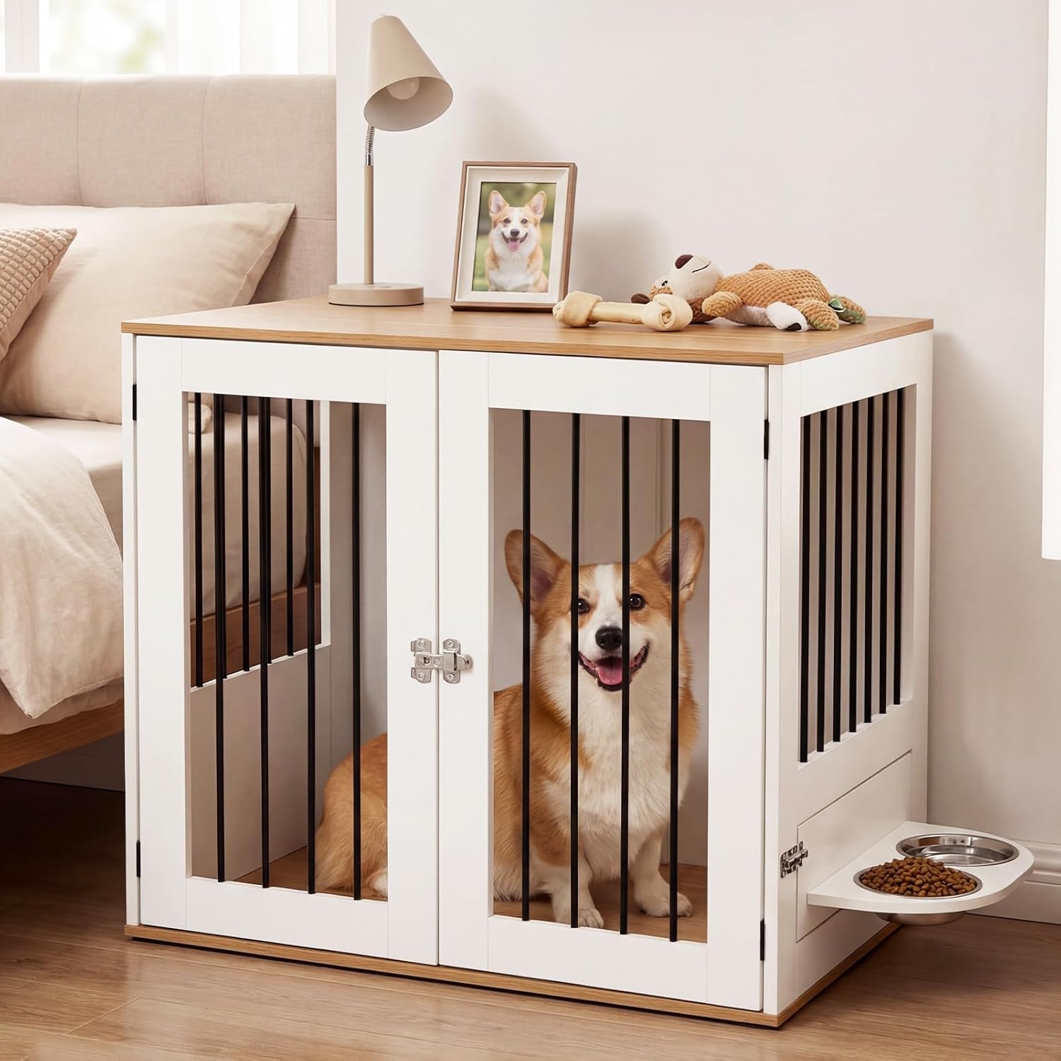 Tangkula 31.5” Dog Crate Furniture, Indoor Wooden Dog Kennel with Double Lock Doors, 360° Rotating Feeder, Bowls, Versatile Decorative Pet Cage House for Small Medium Dogs (White)