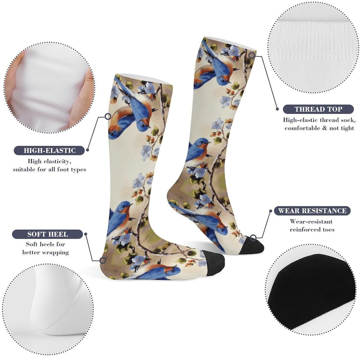 Happy Bluebirds Compression Socks for Women Men Comfort Over The Calf Socks Moisture Wicking Breathable Athletic Sock