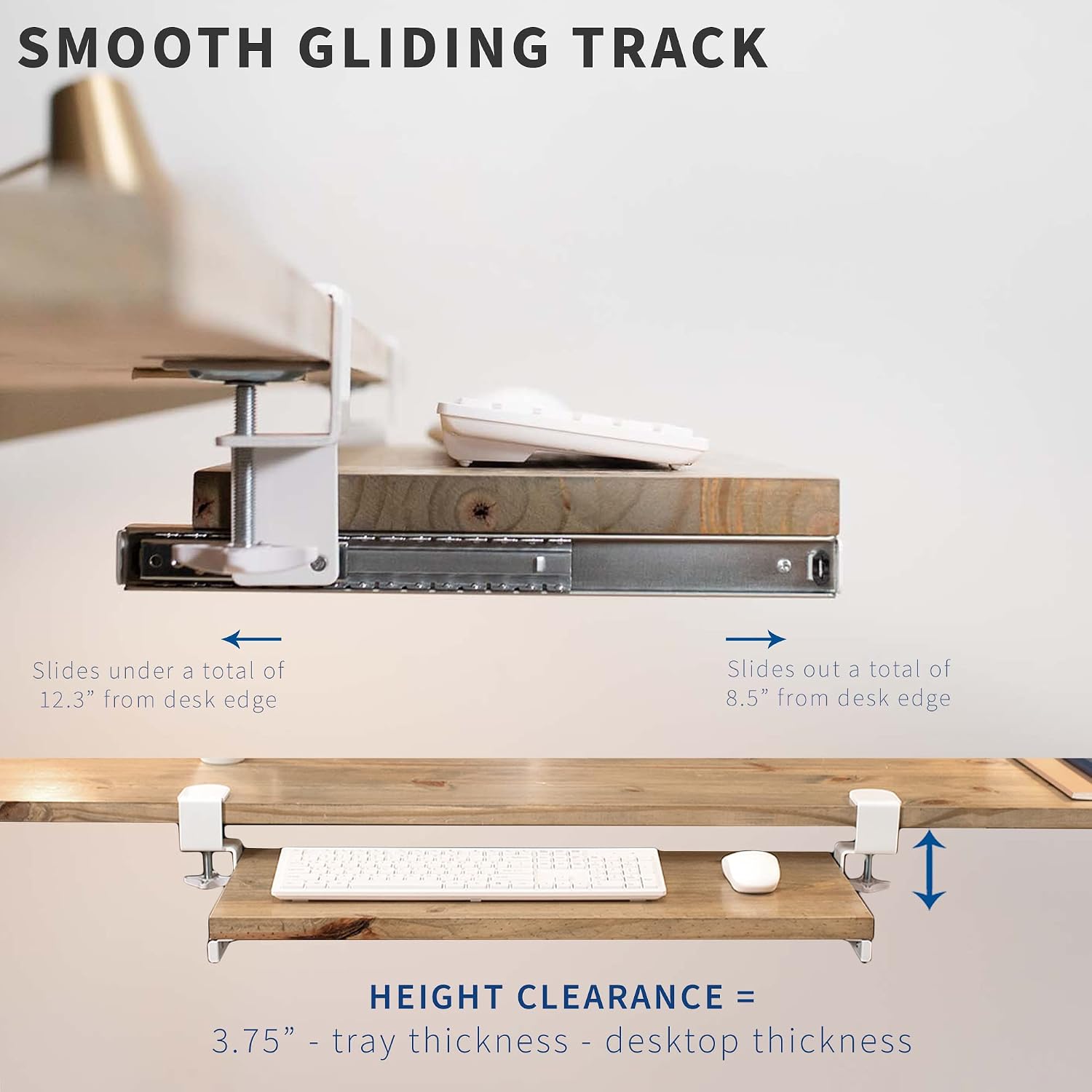 VIVO Clamp and 12 inch Rail Set for DIY Custom Wooden Keyboard Trays (Tray Not Included), Under Desk Pull Out Slider Track with Extra Sturdy C-clamp Mount System, White, MOUNT-RAIL02W