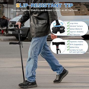 Standing Aid with LEStanding Aid with LED Light and Alarm,Walking Stick with Ergonomic Handle Grip, Foldable & Adjustable Walking Cane Stick for Elderly Men and Women(1 pc)