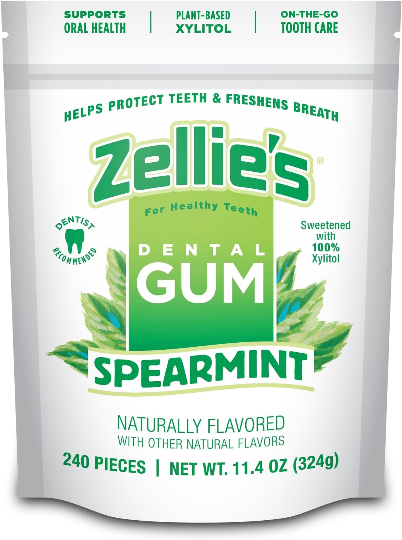 Zellies | 100% Xylitol Sugar Free Spearmint Chewing Gum | Spearmint Flavor (240 Count - Pack of 1)
