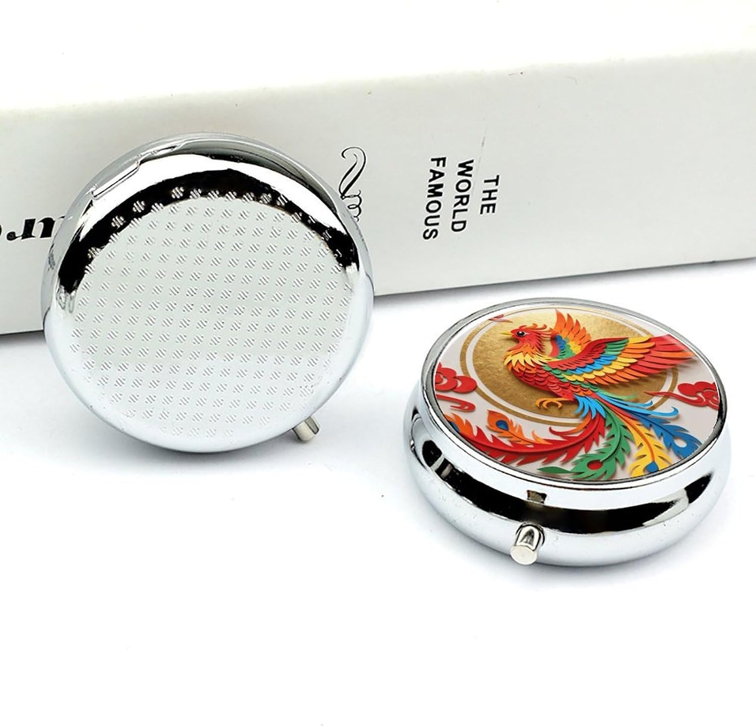 Round Daily Colorful Phoenix Pill Case with 3 Compartment & Mirror image 5
