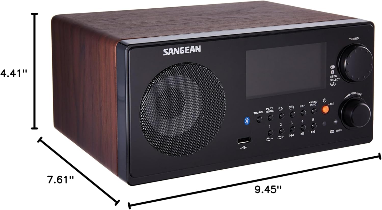 Diagram showing the dimensions of the Sangean WR-22WL radio: 9.45 inches length, 7.61 inches width, and 4.41 inches height.