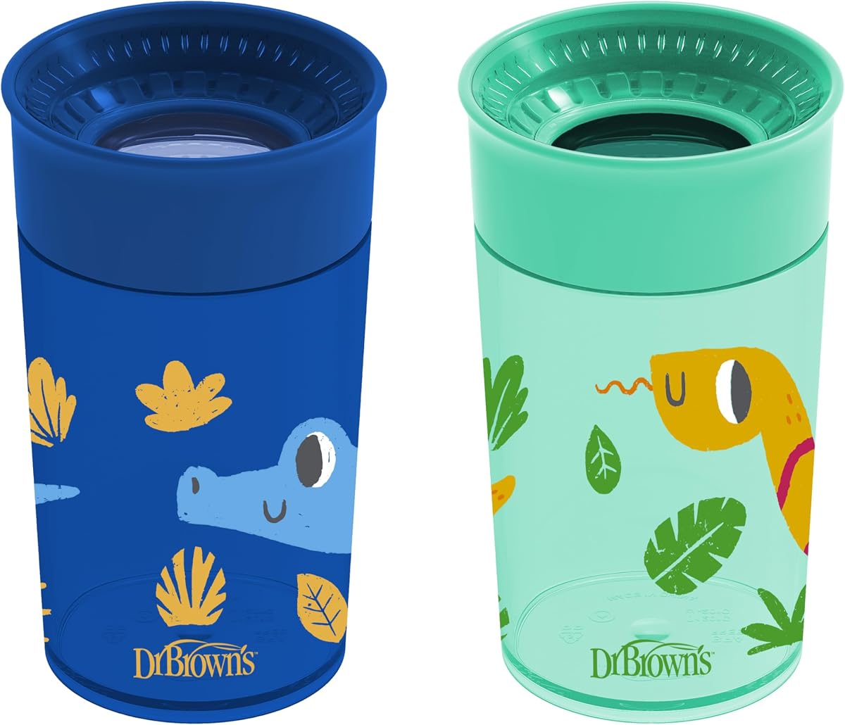 Milestones Cheers 360 Spoutless Transition Cup, Travel Friendly and Leak-Free Sippy, Blue/Green Animals, 10 oz/300 mL, BPA-Free, 9m+, 2-Pack