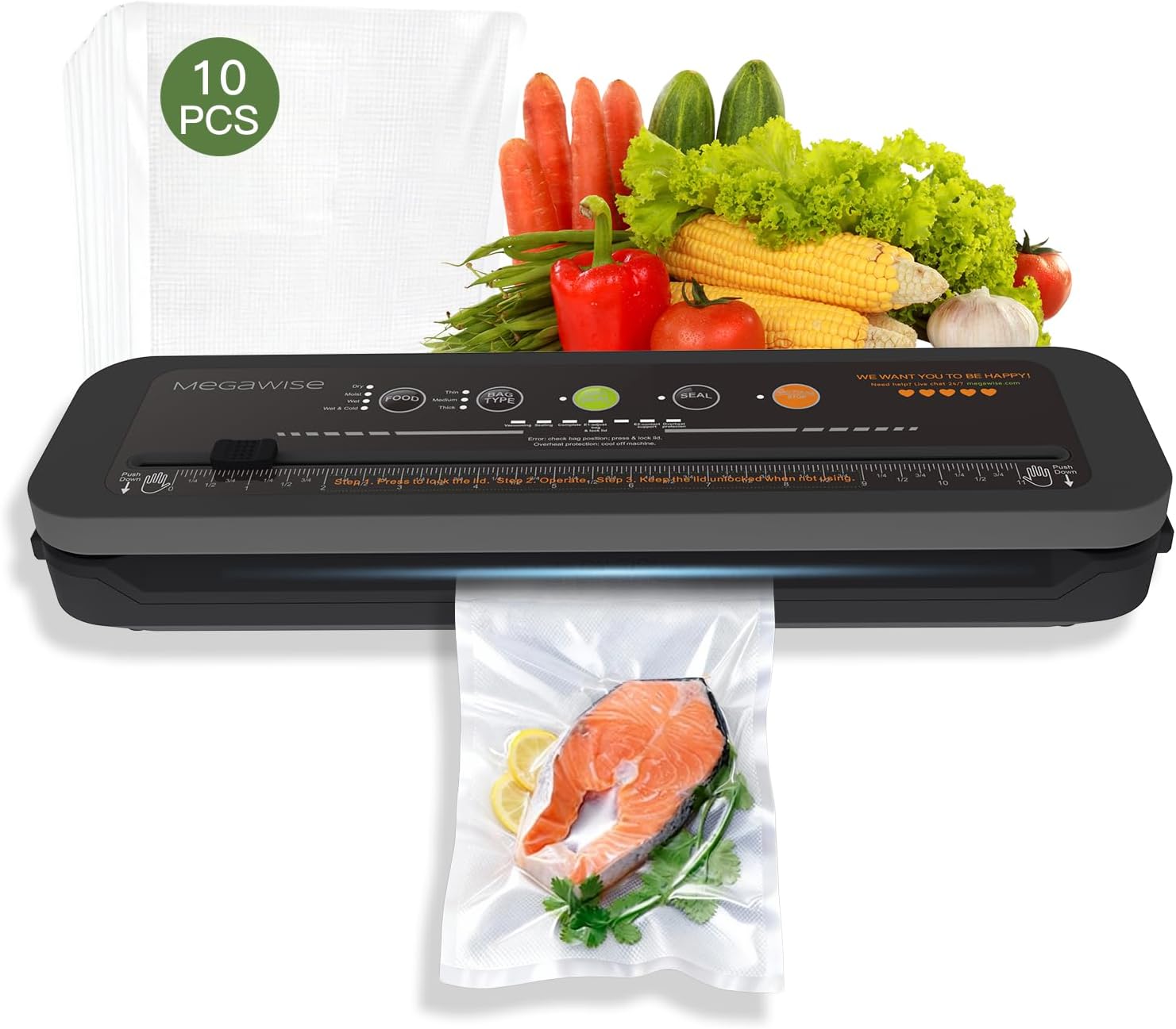 MEGAWISE Food Sealer w/Starter Kit with Accessory Hose for Wide and Regular Mouth Sealer, Dry & Moist Food Modes, Compact Design with 10 Vacuum Bags & Built-in Cutter