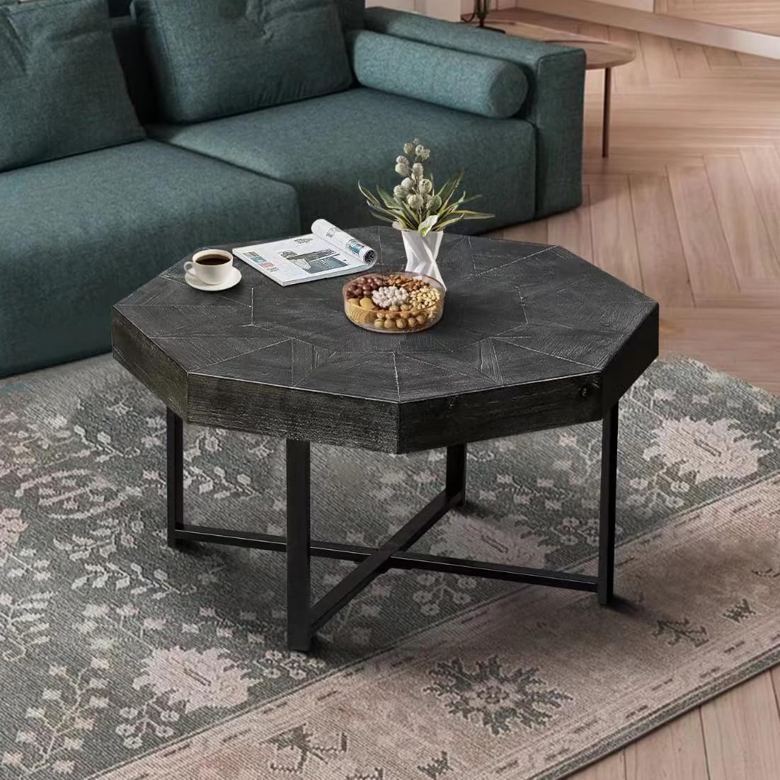 Goujxcy Wood Octagon Coffee Table for Living Room, 30" Wooden Coffee Center Table Rustic Farmhouse Coffee Table with Patchwork Craft Tabletop, Easy Assembly (Antique Black)