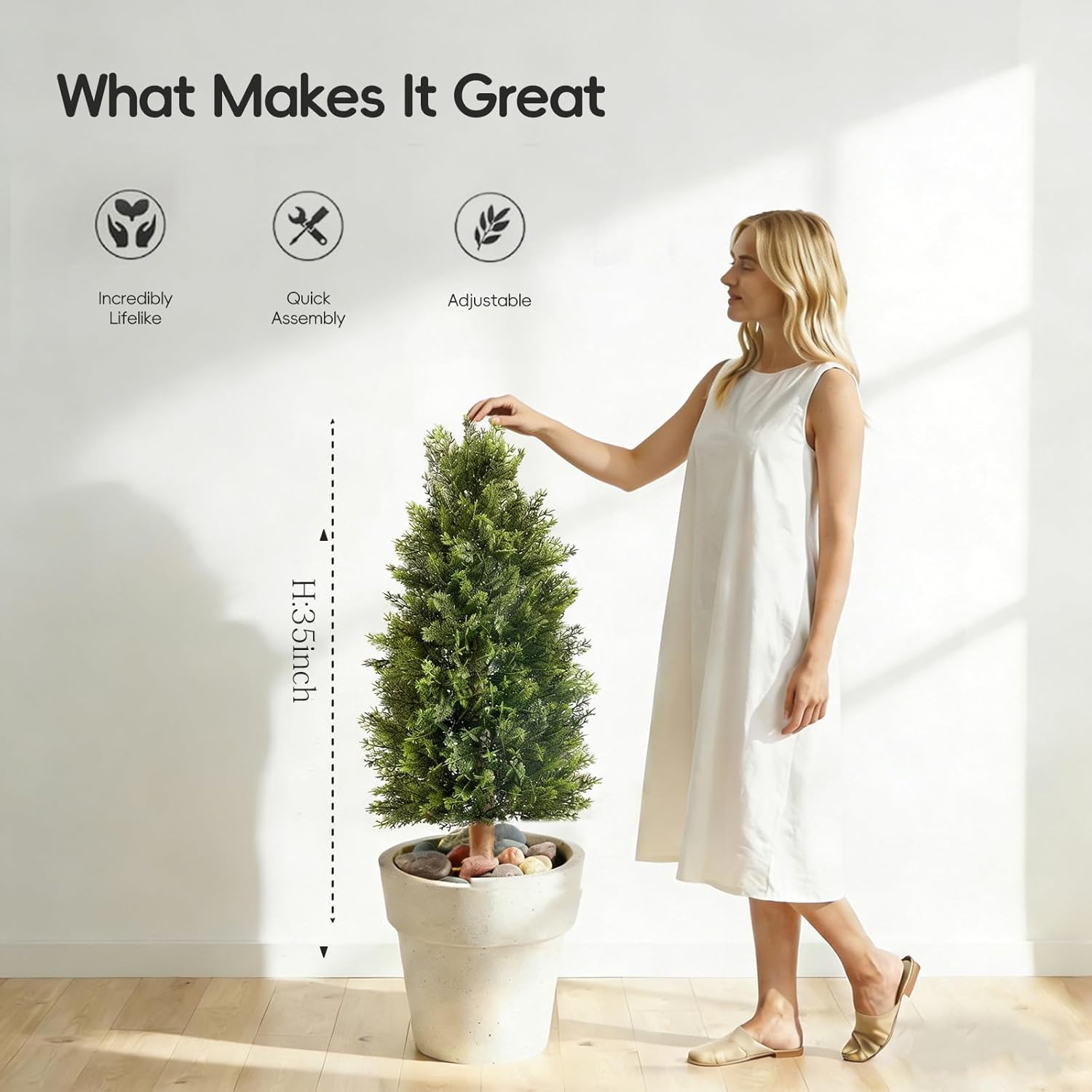 35" Artificial Cedar Topiary Ball Trees Set, 2 Pack Faux Cypress Plants UV Resistant Artificial Pine Shrubs Fake Bushes for Outdoor Indoor Front Porch Garden