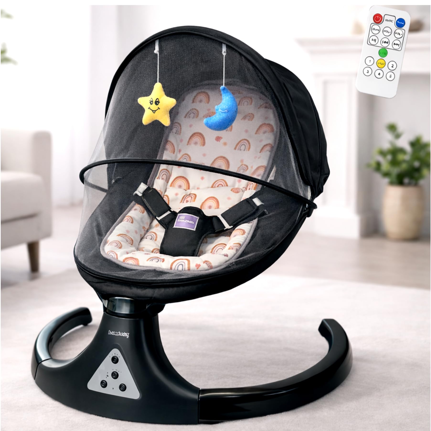 3 in 1 Electric Baby Swing | Bluetooth Music, Remote Control & Timer – 5 Speed Automatic Baby Rocker with Mosquito Net, Soft Toys, USB Power & Adjustable Safety Belt Infant Swing Cradle (Beige Black)-image-11