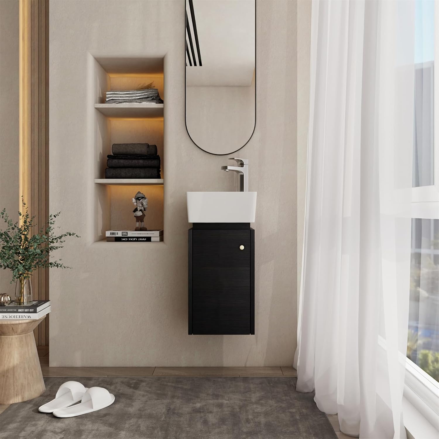 Henf 12in Wall Mounted Bathroom Vanity Sink Combo for Small Space, Modern Vanity Set with Ceramic Sink Top, Hanging Garage Vanity w/Sink, Floating Small Bathroom Cabinet, Black