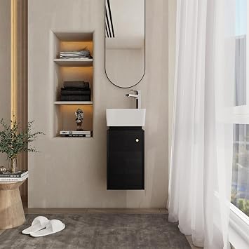 Henf 12in Wall Mounted Bathroom Vanity Sink Combo for Small Space, Modern Vanity Set with Ceramic Sink Top, Hanging Garage Vanity w/Sink, Floating Small Bathroom Cabinet, Black