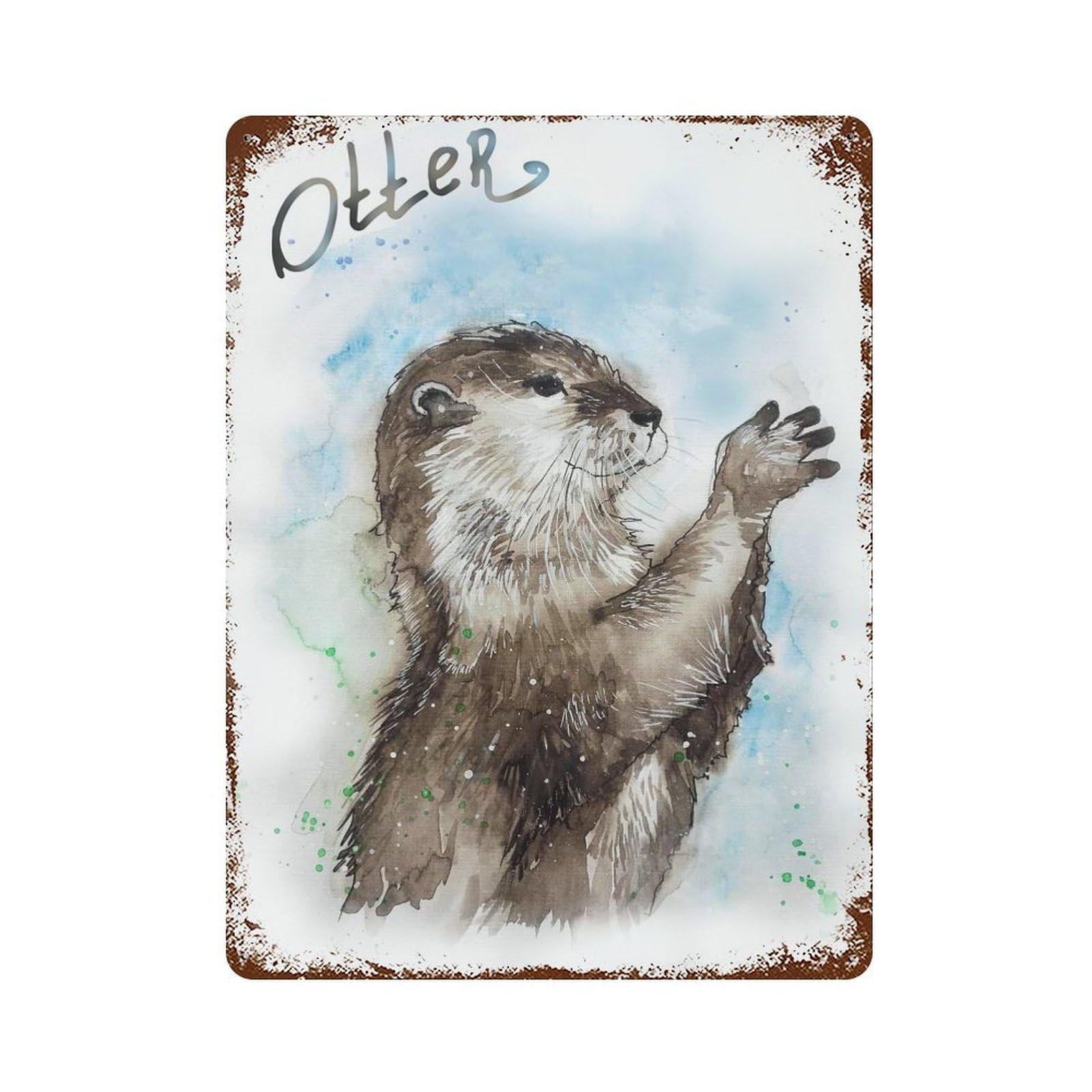 Garage Style Sea Otter Watercolor Art Aged Metal Wall Plaque 15.7"x11.8", Farmhouse Wall Decor for Bar And Workshop