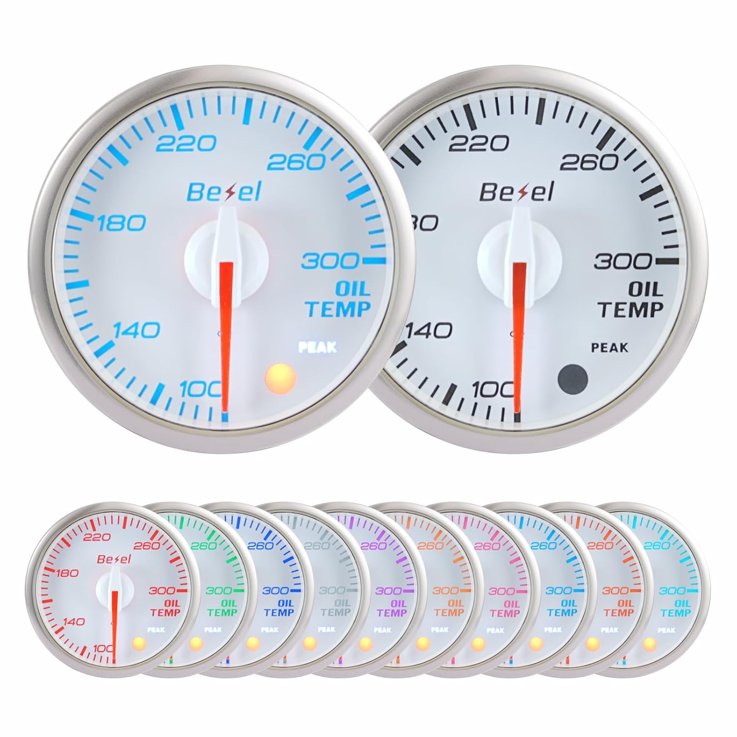 Bezel Oil Temperature Gauge Kit 100-300℉ White Indash Brushless Series 2-1/16'' (52mm) for car & Truck - 10 Colors - Includes 1/8 BSPT Temperature Sensor - Remote Button - 270° Sweep - JDM - USDM