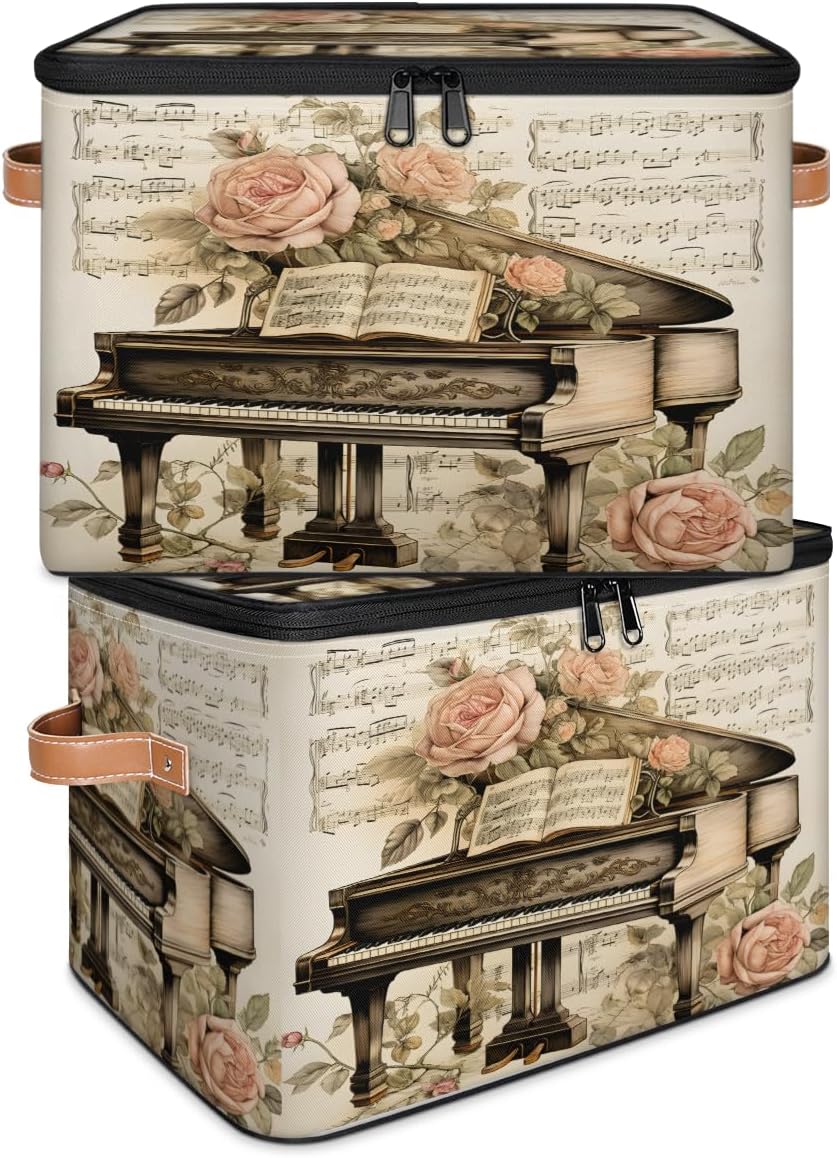 Storage Bin Set of 2 Vintage Piano Flower Storage Basket with Zipper Lid & Handle Foldable Closet Shelf 2 Pack Cloth Organizer Basket Cube Bins Clothes Organizer for Bedroom, Nursery