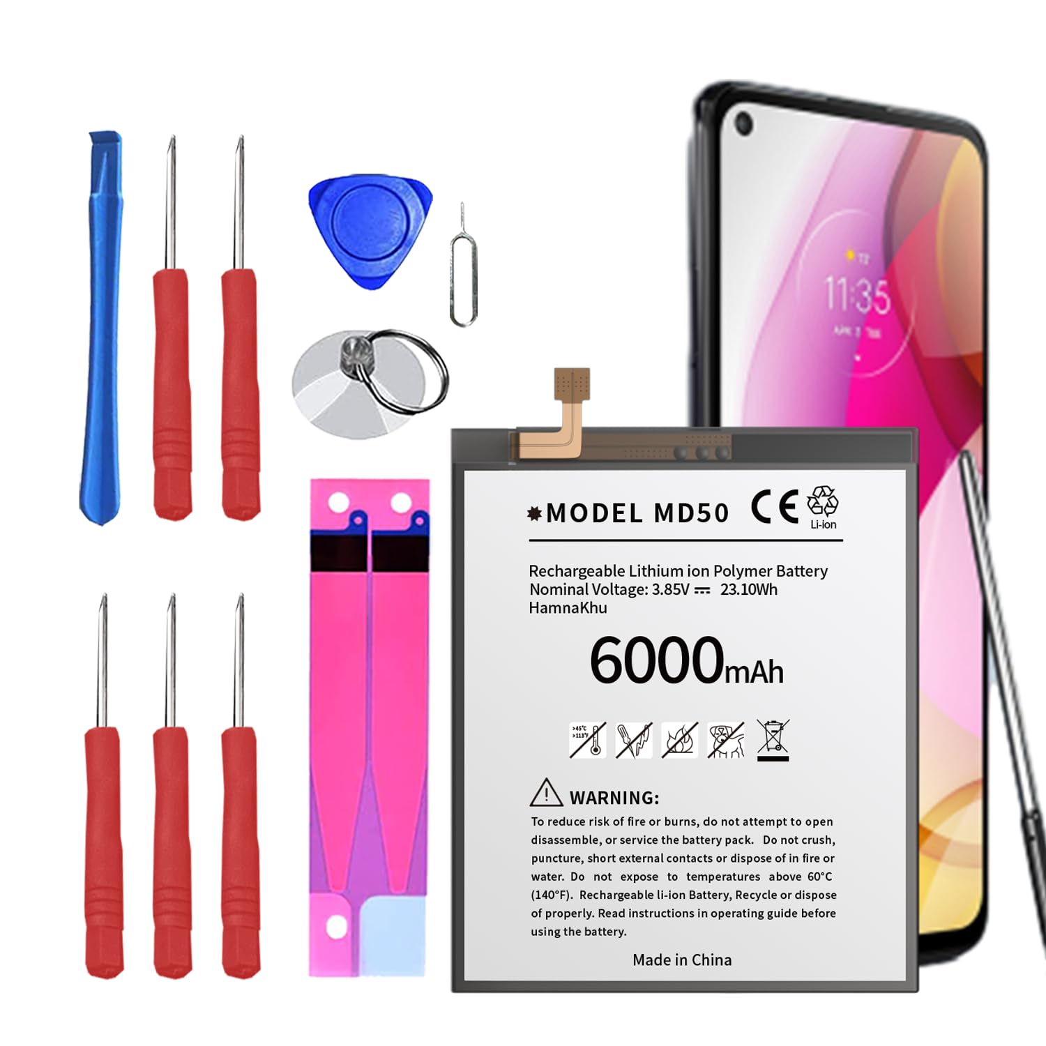 HamnaKhu ?6000mAh? Moto G Stylus 5G 2021 Battery, High Capacity MD50 Battery for Motorola Moto G Stylus 4G (XT2211 / 2022) / G Stylus 5G (XT2215 / 2022) with Replacement Repair Tools Kit