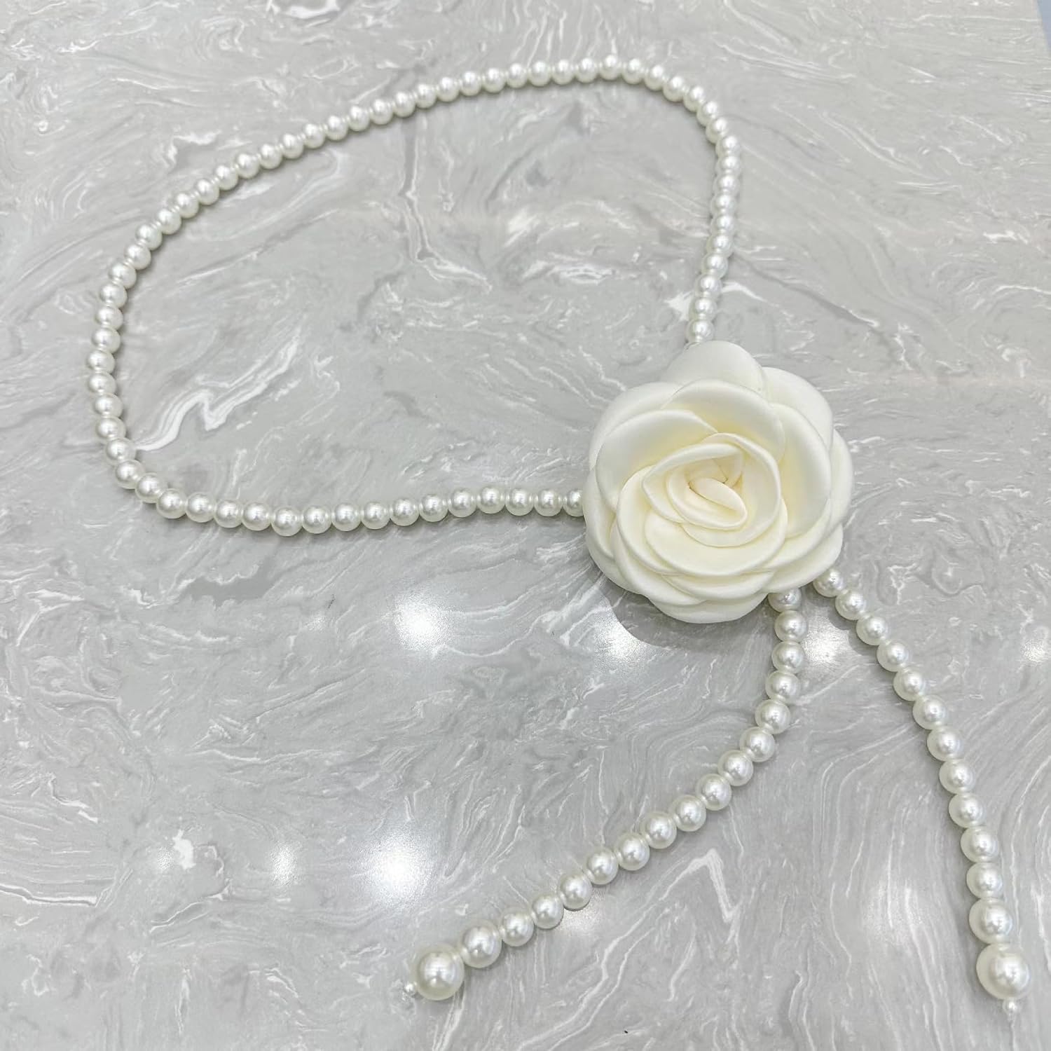 Pearl Chain Belt for Women,Dainty White Pearl Waist Chains with Camellia Flower Waist Chain Belts Plus Size for Dresses Body Jewelry Summer Beach Prom Accessories