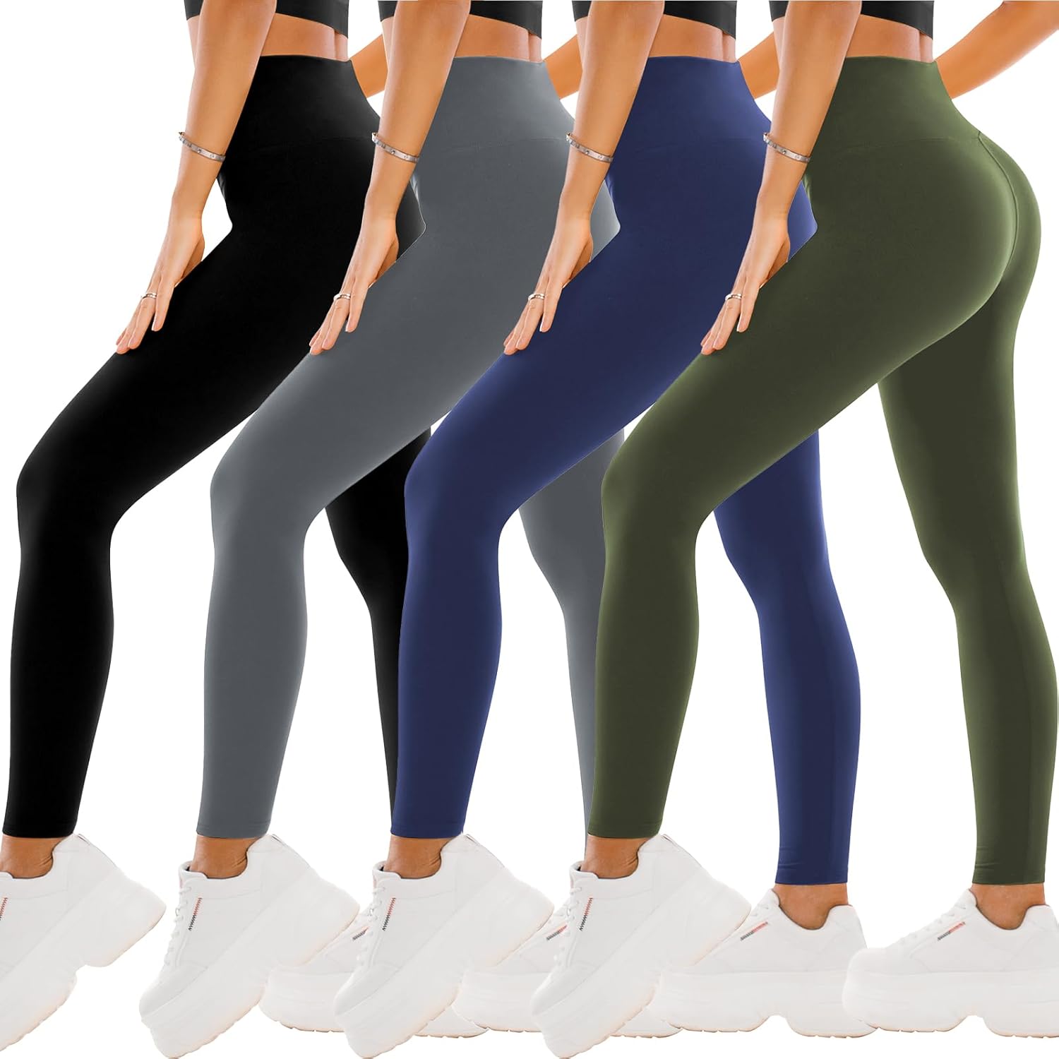 SINOPHANT 4 Pack Leggings for Women - Full Length Capri Buttery Soft High Waisted Yoga Pants for Athletic Workout Sports