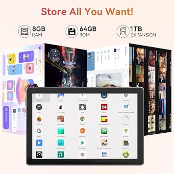 URAO Tablet,10.1 Android Tablet with Octa-core Processor 8GB RAM 64GB ROM HD IPS Touchscreen 8H Battery, Wi-Fi 6, BT 5.0, Dual Camera, Android Tablets