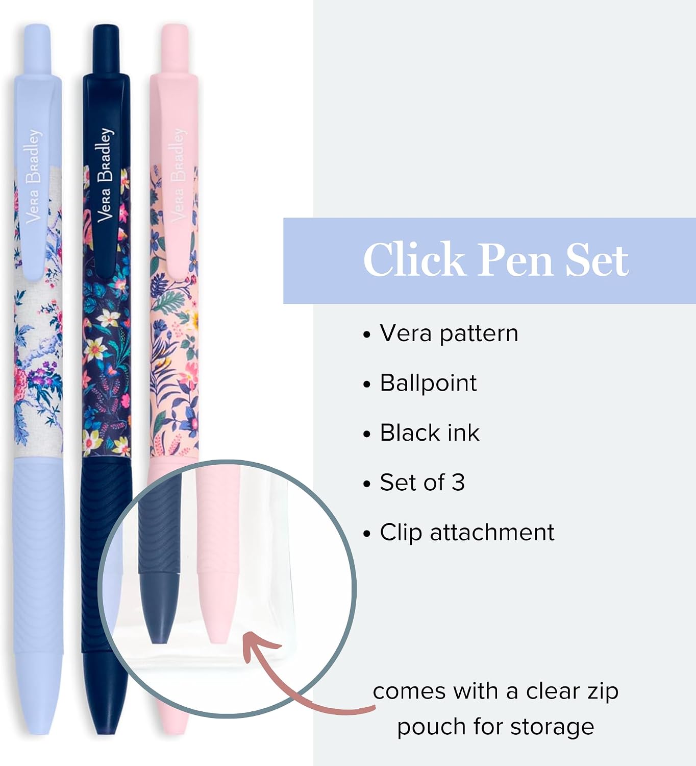 Vera Bradley Black Ink Pen Set of 3, Colorful Retractable Pens, Plastic Click Pens with Zip Pouch, Spring 24 Medley