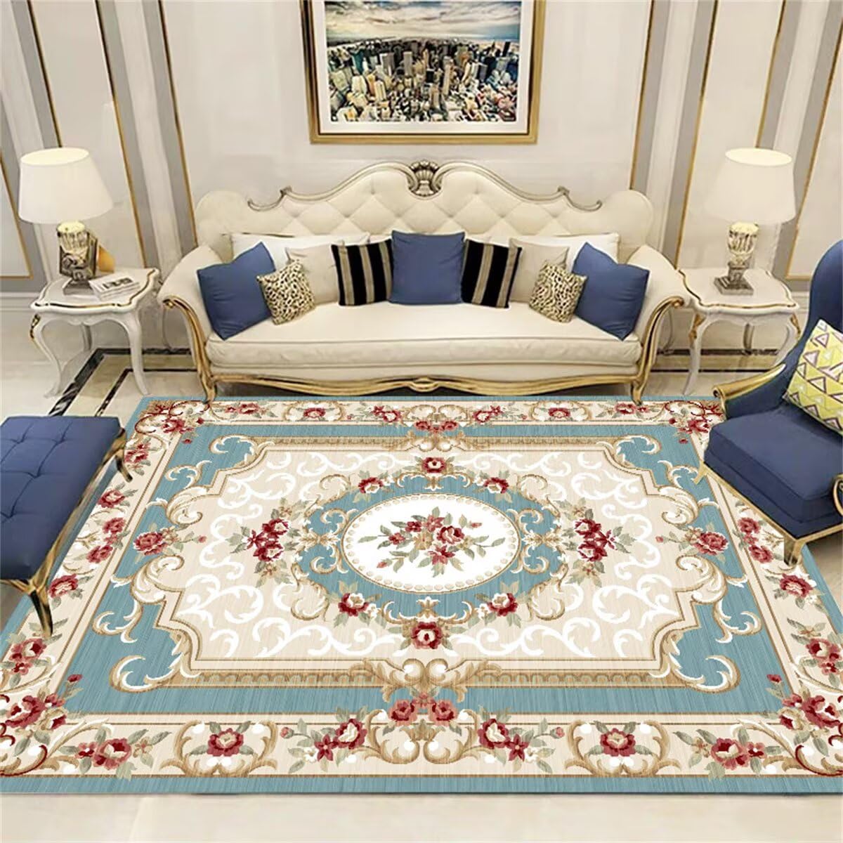 Tapis de bureau sol moquette grande taille fleurs vintage bleu rouge 170x240cm chambre couloir