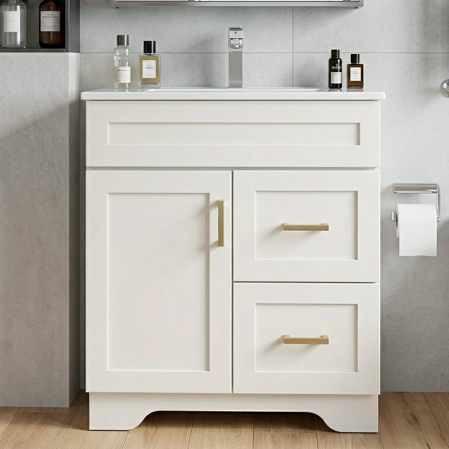 30 Inch Bathroom Vanity with Sink, Modern Shaker Bathroom Sink Cabinet with Soft-Close Door & 2 Drawers, Wood Freestanding Bathroom Storage Cabinet with Ceramic Basin, White