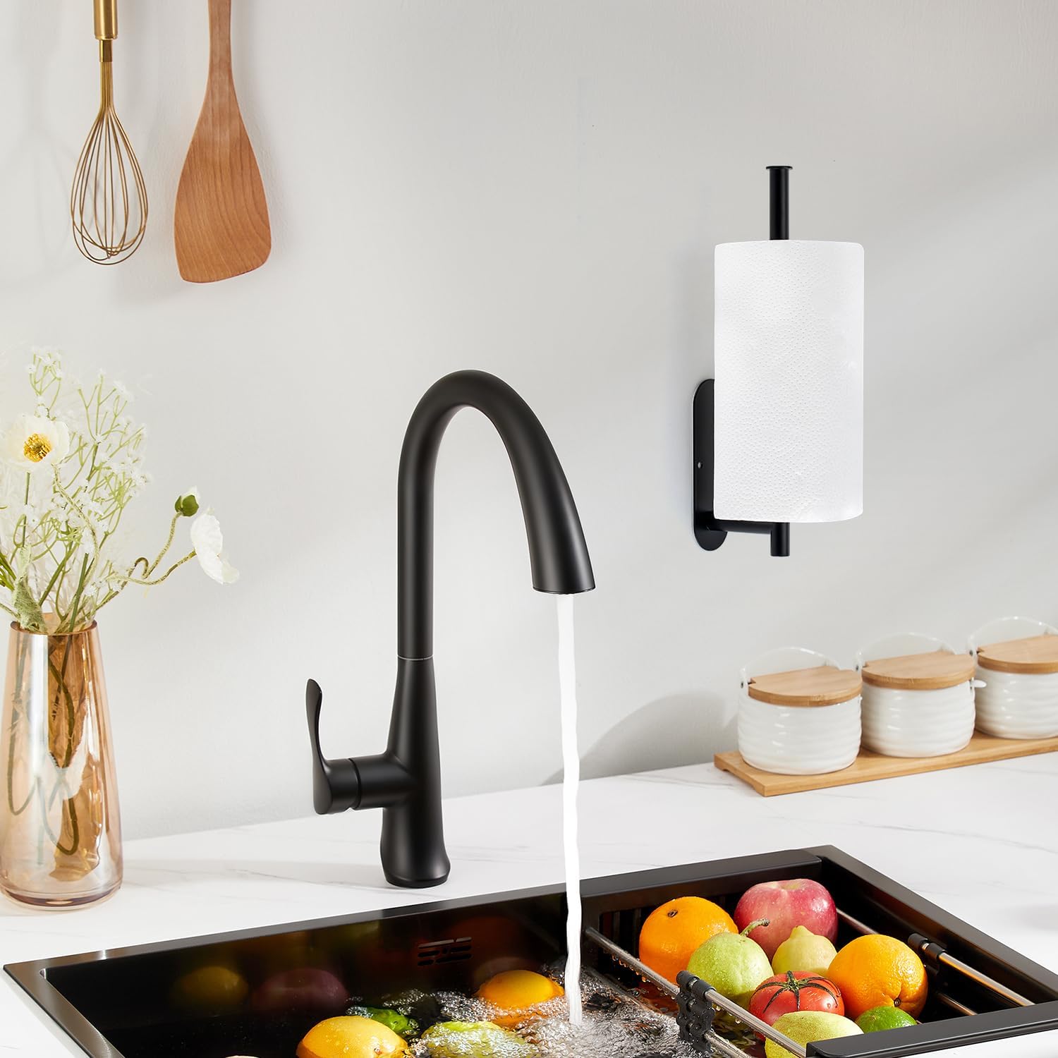 Paper Towel Holder Under Cabinet, Kitchen Paper Towel Holder Wall Mount, Self Adhesive Paper Towel Bar Under Counter Hanging Tissue Roll Dispenser for Kitchen Bathroom Organize, Black