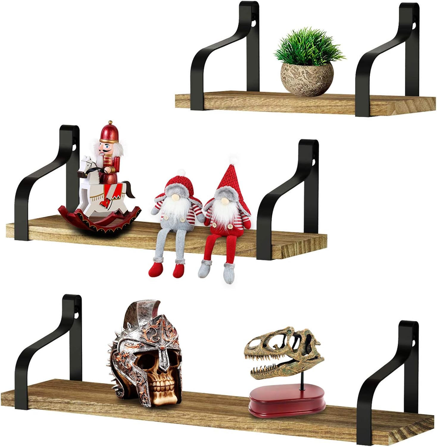 Mageshi Floating Shelves for Wall Set of 3, Rustic Wood Wall Shelves Storage Floating Shelves Wall Mounted for Bedroom Living Room Bathroom Kitchen, Multifunction Display Shelves