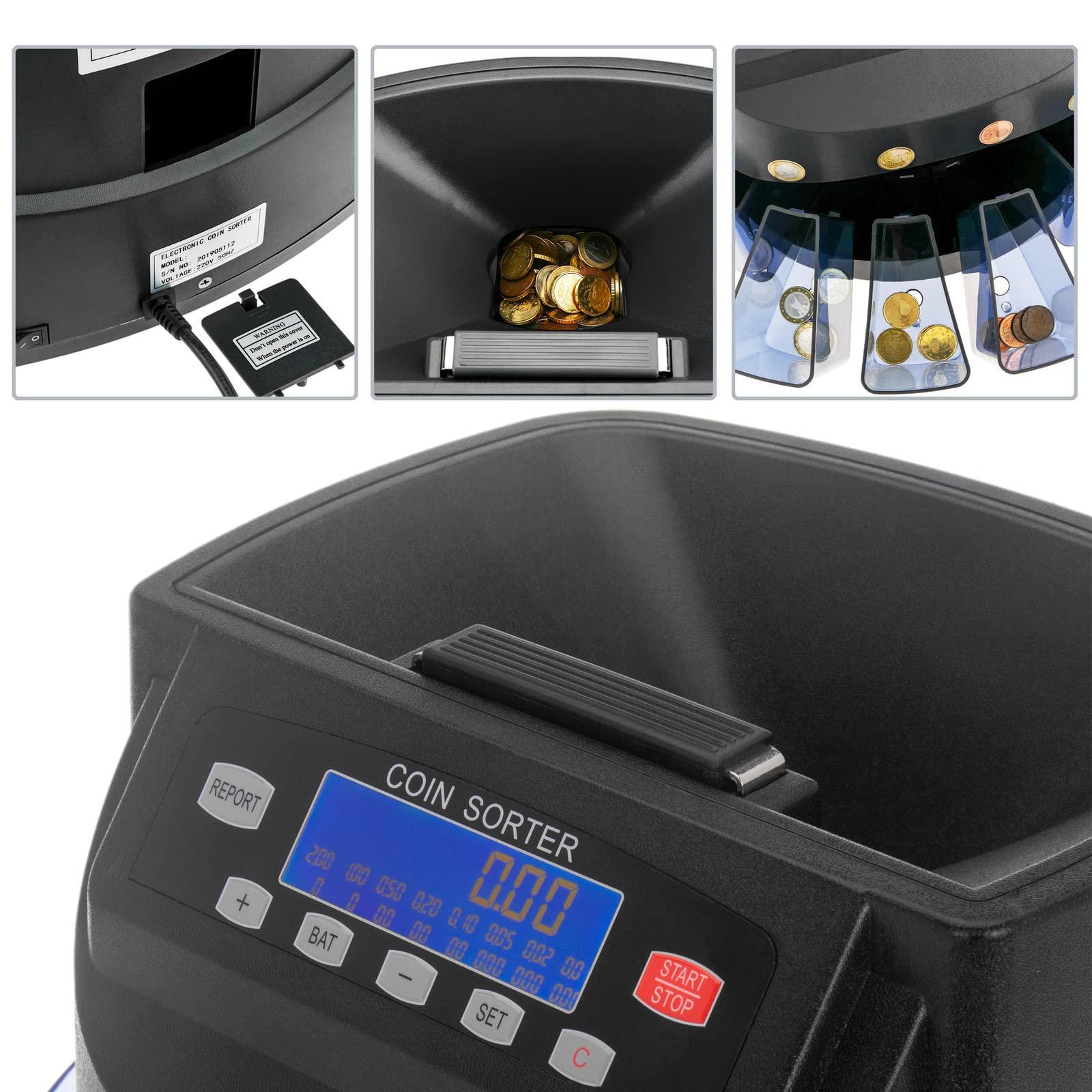 PrimeMatik - Contador de Monedas Negro para Euro con clasificador automático y Visor Multi-Moneda
