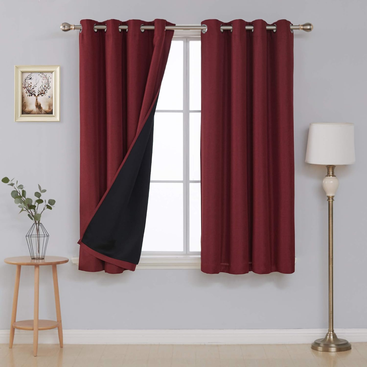 Deconovo Thermal Faux Linen Total Blackout Curtains, Light Blocking Blackout Window Curtains - 52x63 Inch, Dark Red, 2 Panels