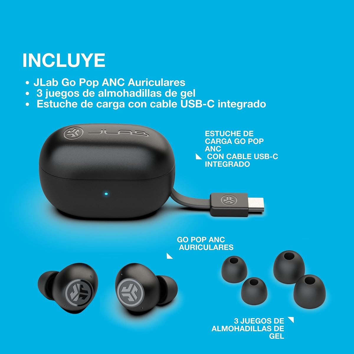 JLab Go Pop ANC Auriculares Bluetooth ANC, 24+ h de autonomía, IP55 Resistentes al Sudor, micrófono, Llamadas claras y conexión multipunto, Negro — view 5