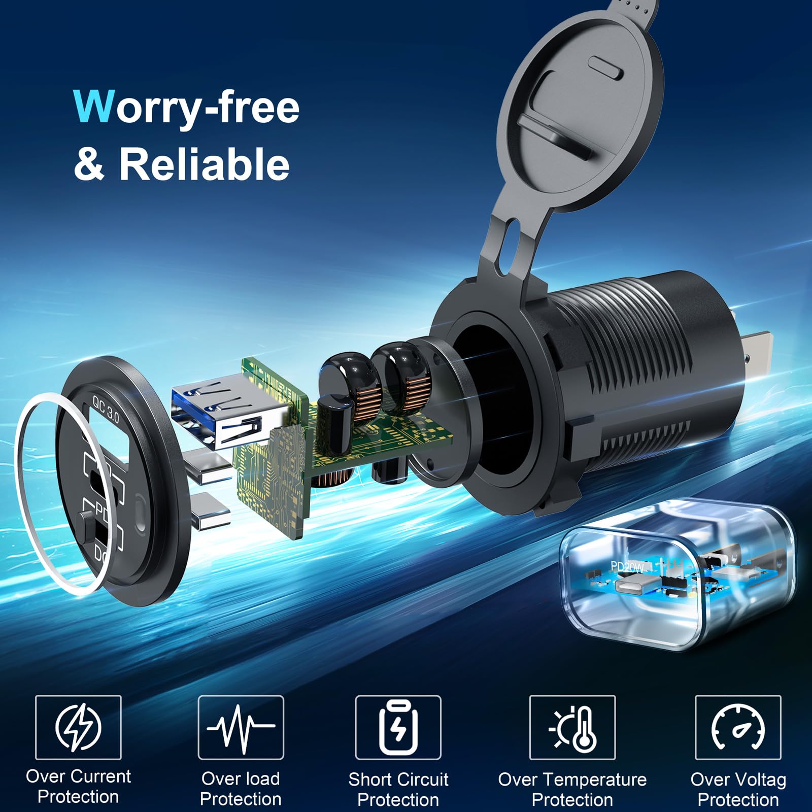 (3-USB) PD USB C Steckdose 12V Auto 300W: USB Buchse Einbau Dose Wasserdicht 12 Volt DC Adapter KFZ Stecker mit Schalter Panel USB Anschluss für iPhone Wohnmobil Motorrad Boot LKW Wohnwagen