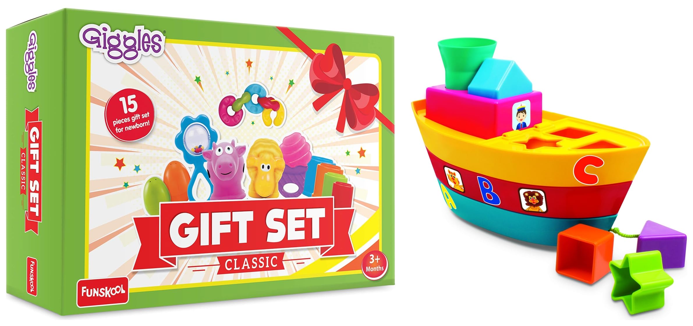 Giggles - Gift Set Classic, Stack, Nest, Link, Squeakers, Teether, Rattle & Giggles - Stack A Boat, 2 in 1 Pull Along Toy, Walking, Shape Sorting (Multicolor)