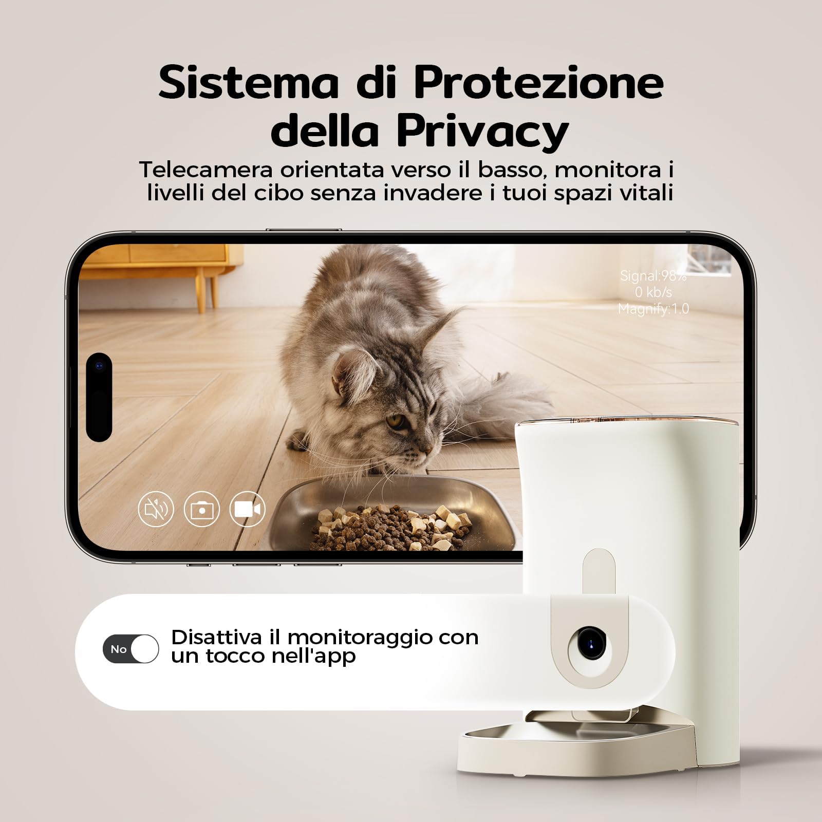 F1 Pro Distributore Automatico Cibo Gatti e Cani 4.5L con Telecamera HD 2K & Visione Notturna a 160°, WiFi 2.4G/5G, Antiblocco, Freschezza Tripla, Controllo APP, Ciotola in Acciaio Inox (F1 Pro 1)