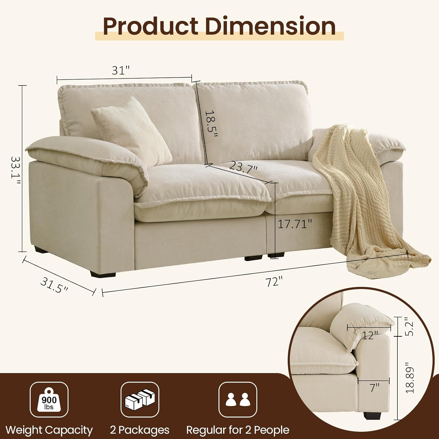 72" Cloud Couch Loveseat Sofa with Padded Armrests & Deep Seat Sofas for Living Room Apartment Office Chenille Fabric Beige 71HTC9TglLL. AC SL1500