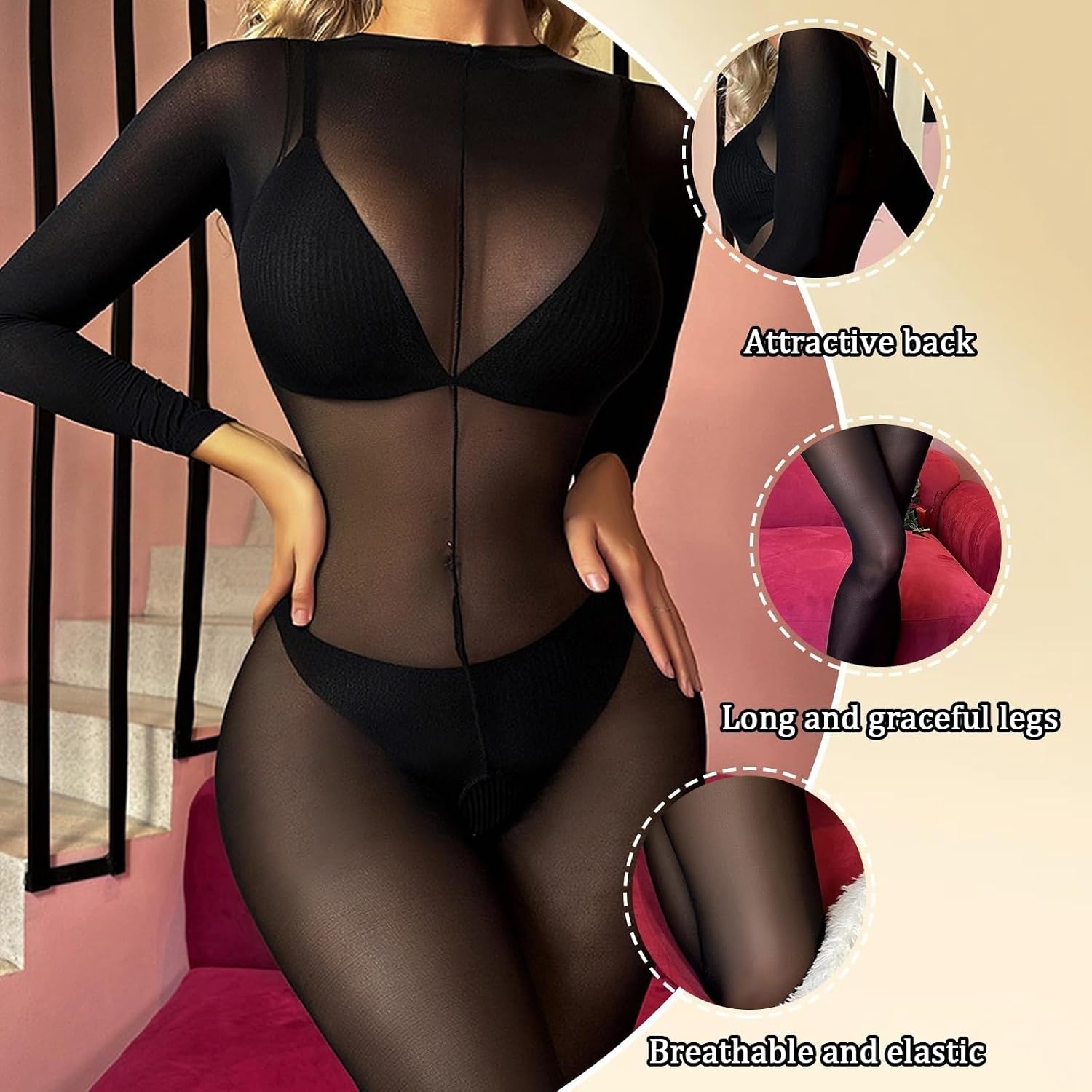 Women's Sheer Mesh Long Sleeve Bodystocking See-Through Full Body Stocking Sexy Lingerie Tights for Clubwear Rave Outfit