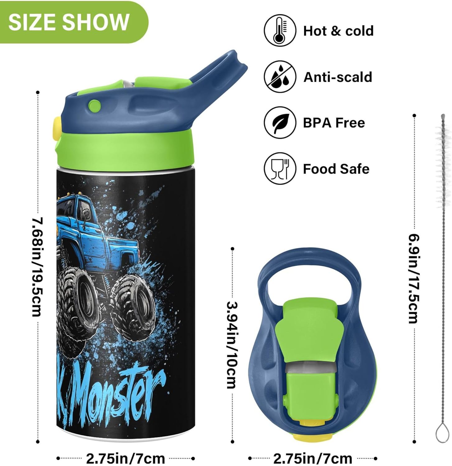 Monster Truck Black Kids Water Bottle with Straw and Carry Handle Racing Car Vacuum Insulated Stainless Steel Bottles 12 oz Green Lid Leak-Proof for Boys Girls Toddler 4-8 Years Old - Image 3