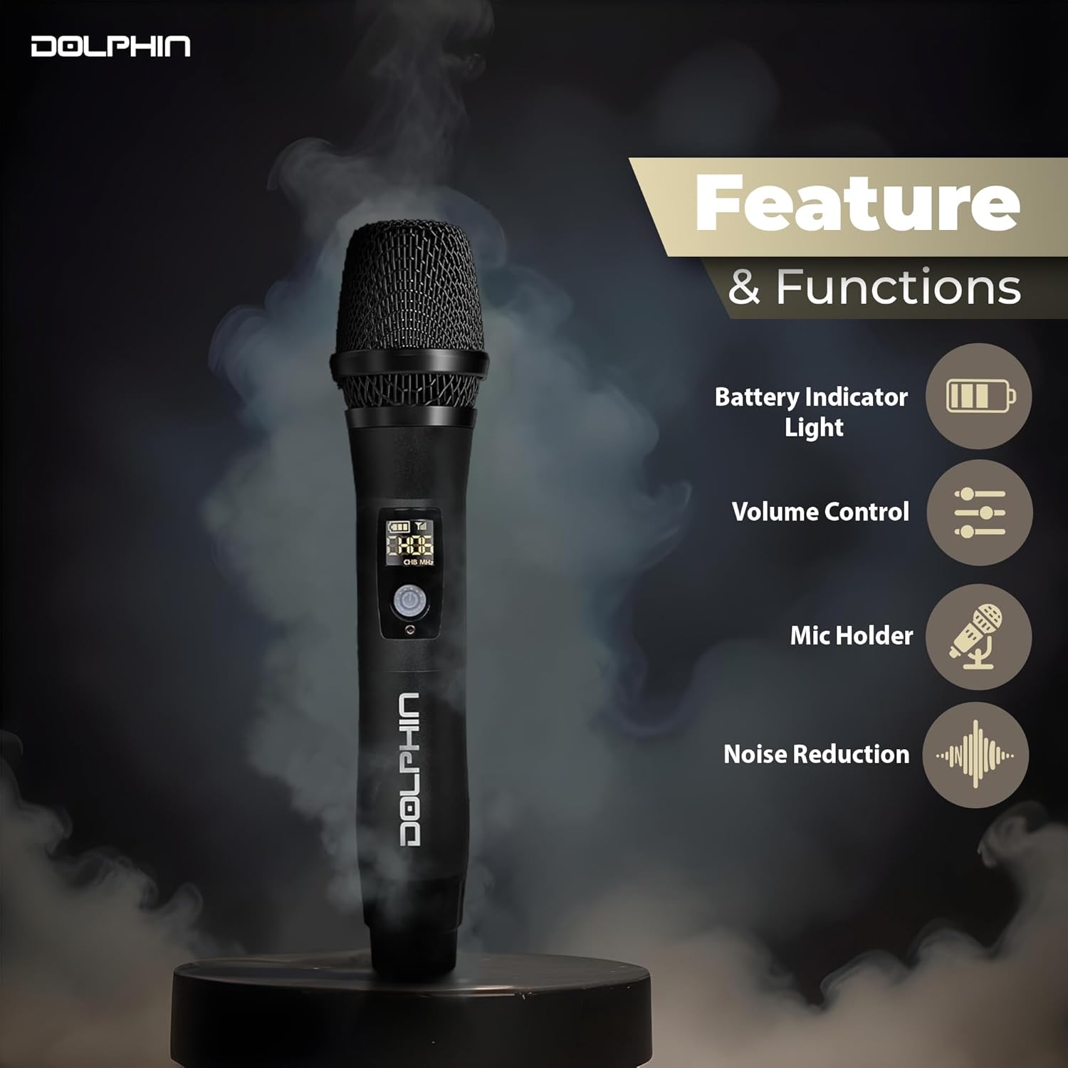 Dolphin MCX21 microphone highlighting features like battery indicator, volume control, mic holder, and noise reduction