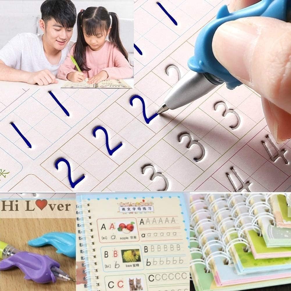 KANAKADHARA Magic Practice CopyBook Set (4 BOOK+10 REFILL+1 Pen+1 Grip) Practical Reusable Writing Tool Simple Handwriting Board Book, Kids Gift