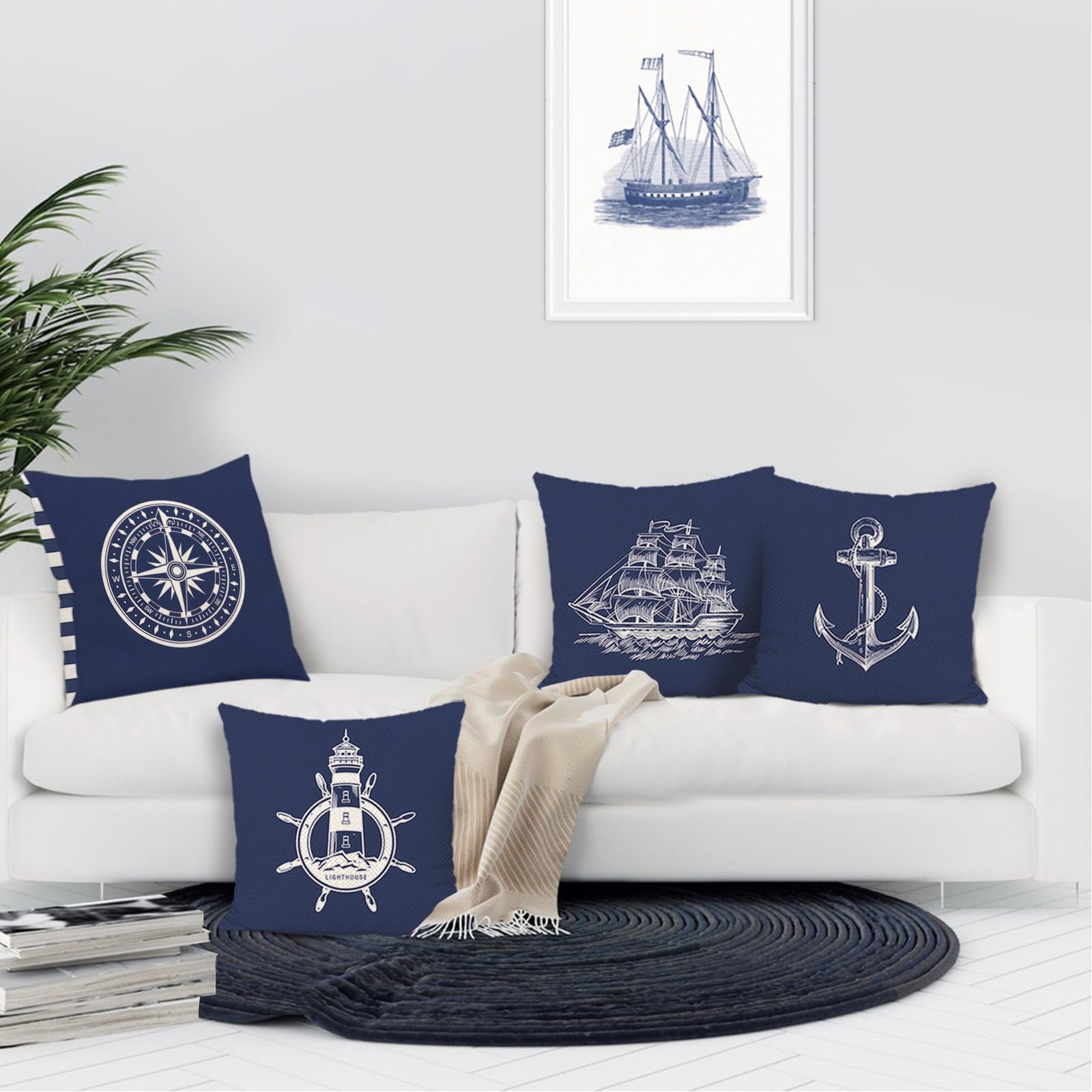 Bonhause Federe per Cuscini Oceano Cavalluccio Marino 45x45cm Copricuscini Decorativi Spiaggia Stella Marina Velluto Morbido Blu Costiero Federa per Cuscino Divano Letto Casa Decorazione Set di 4