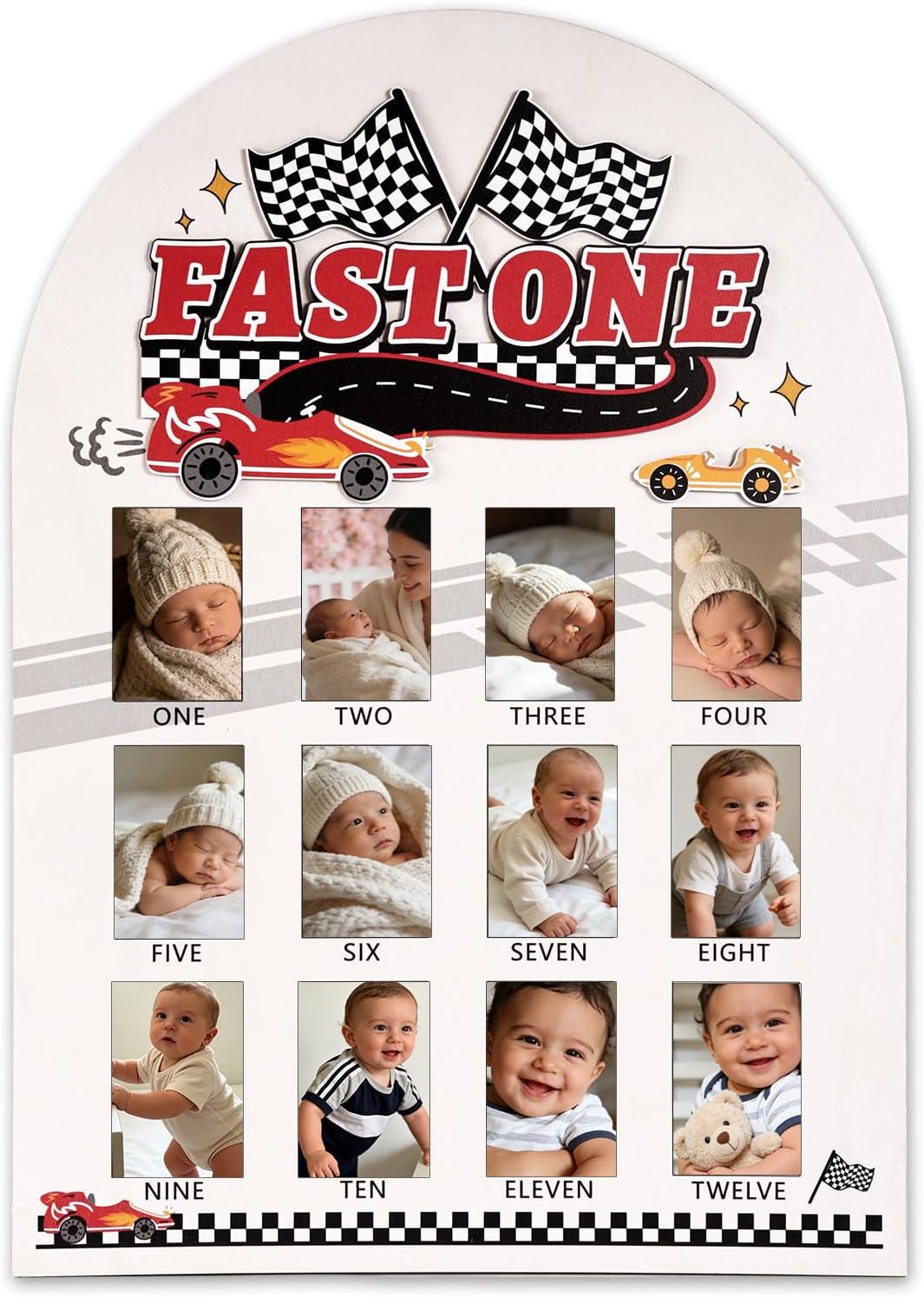 My First Year Photo Frame, Racing Car Theme Baby Milestone Photo Frame Race Car 12 Month Picture Board for Baby 1st Birthday Supplies Keepsake Decoration Gift