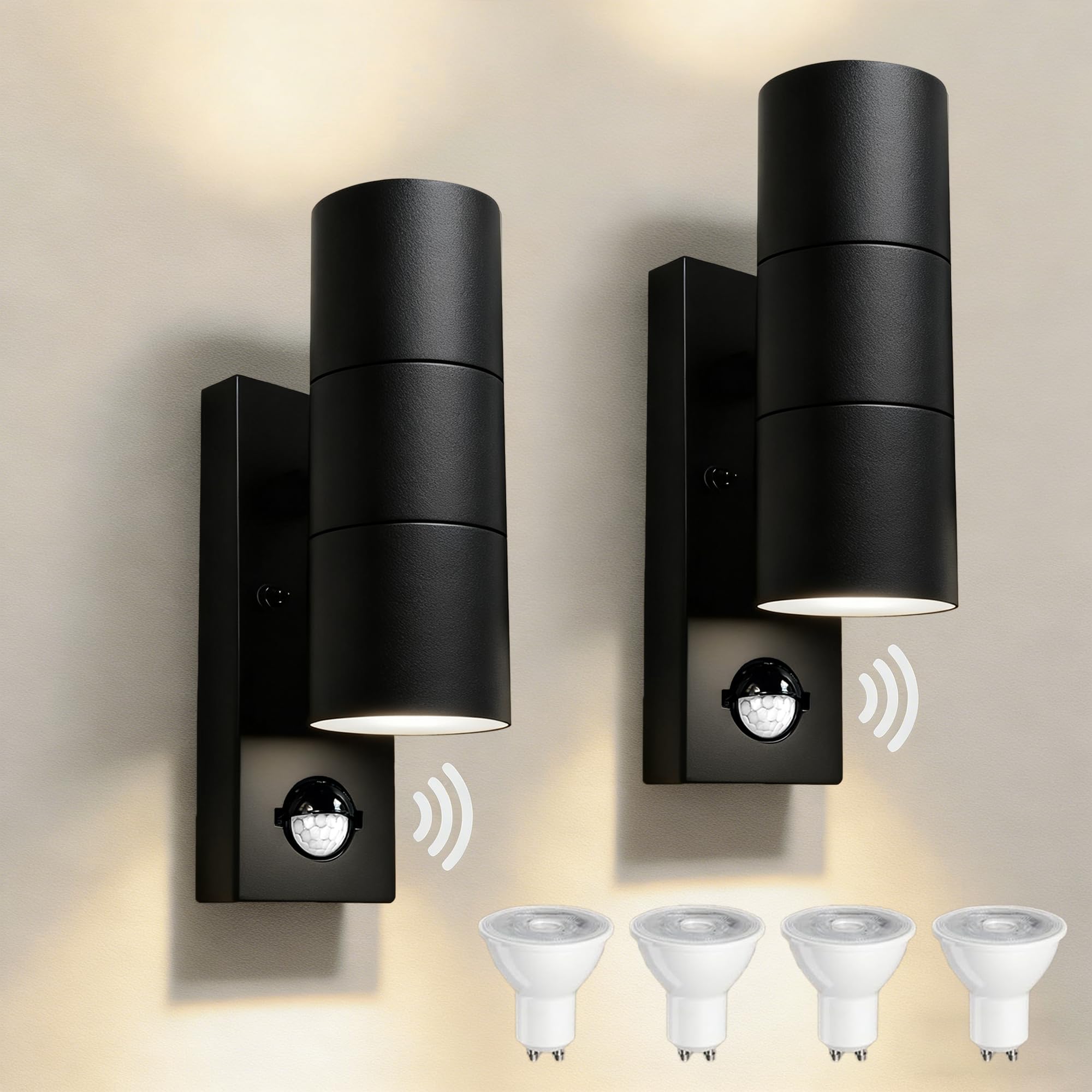JNR Lampada da esterno a LED in acciaio inossidabile con sensore di movimento PIR regolabile e interruttore crepuscolare, impermeabile IP54 con regolazione, 230 V (2 Pack-Nero)