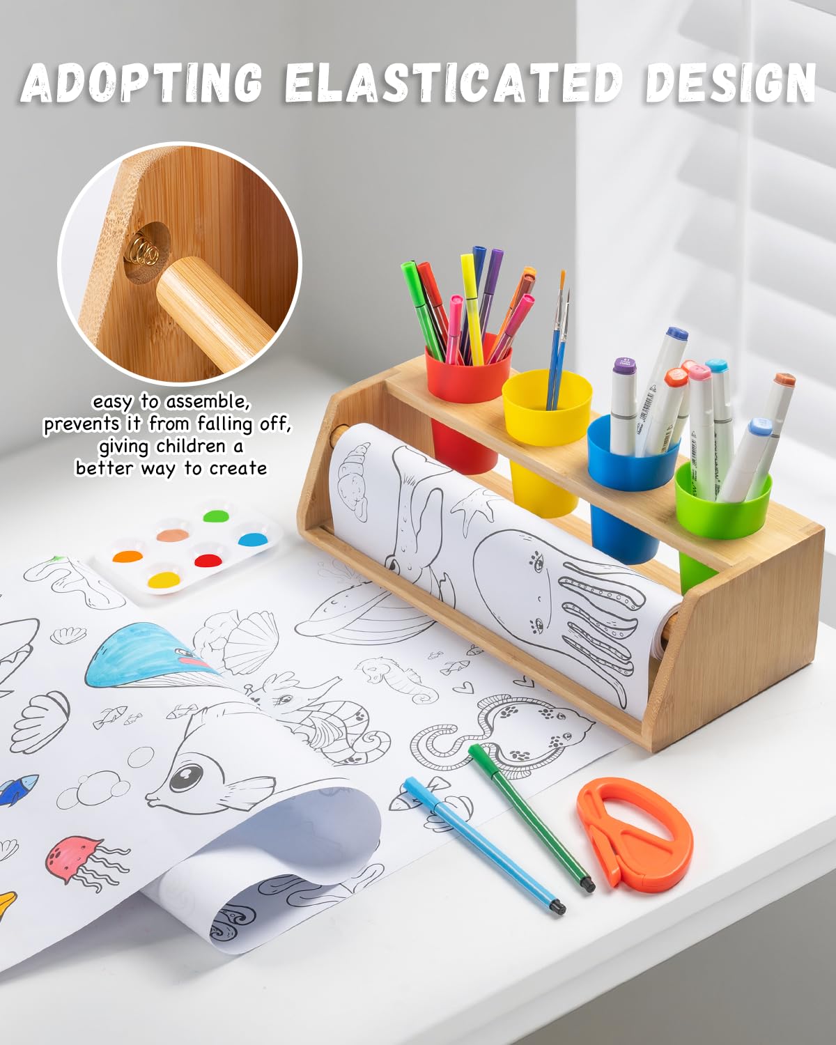 Distributeur de rouleaux de papier pour enfants – Chevalet de table en bambou avec rouleaux de papier vierges et à motifs, 12 pigments, outils de dessin, gobelets à stylos – Station d'artisanat pour