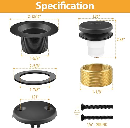Miniatura 6 de Kit de desbordamiento de drenaje de bañera negro mate, repuesto universal de drenaje de bañera con juego de placa frontal de desbordamiento de 2