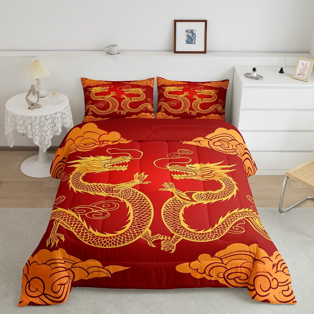 Feelyou Kids Dragon Comforter Set Twin Size Boys Girls Propitious Cloud Comforter Loong Bedding Set Chinese Dragon Pattern Quilt Set