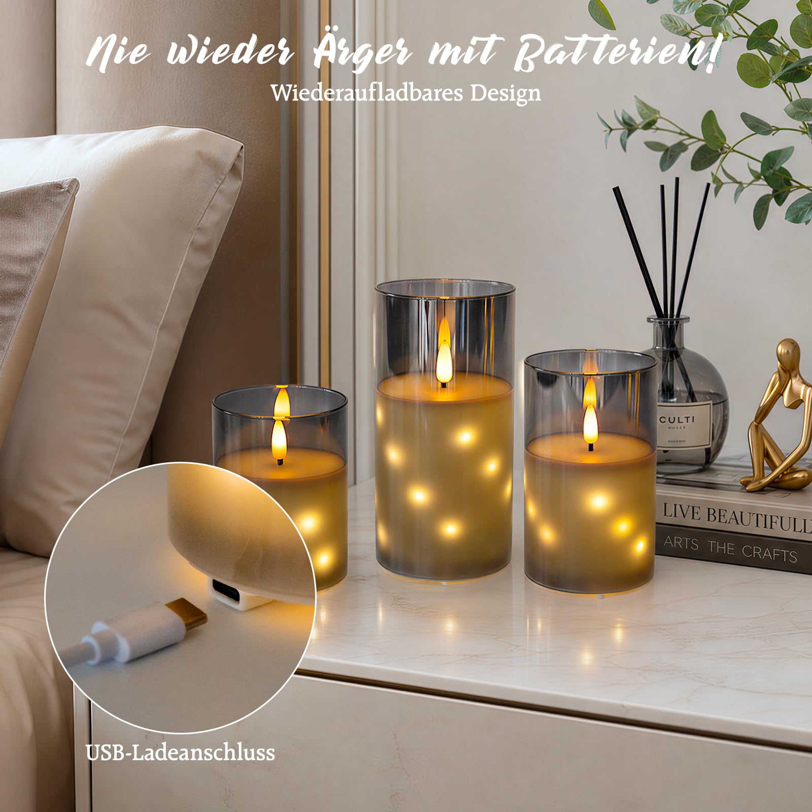 Velas recargables de cristal gris sin llama con mando a distancia y temporizador, velas LED de mecha 3D, luces de hadas incrustadas, cera real, paquete de 3 unidades para decoración del hogar