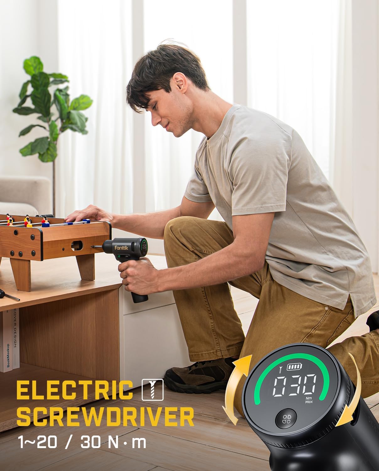 User operating Fanttik K2 Ultra Power Drill to assemble furniture