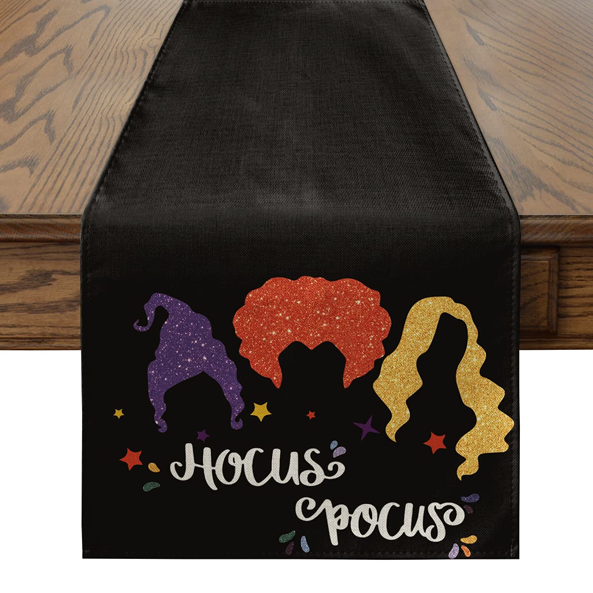 Artoid Mode Hocus Pocus Black Table Runner, Seasonal Halloween Sanderson Sisters Holiday Kitchen Dining Table Runners for Indoor Outdoor Home Party Decor 13 x 72 Inch