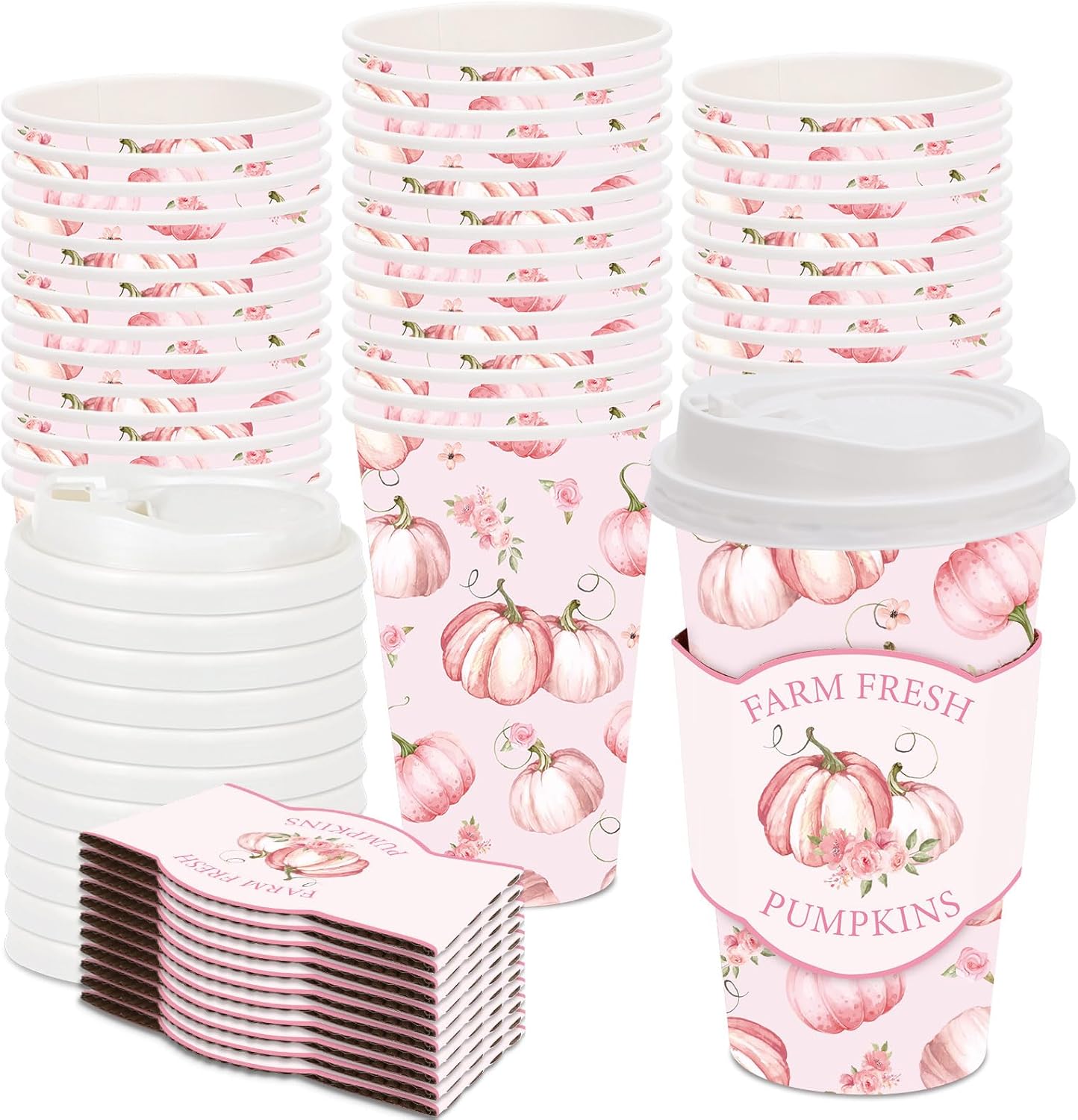 JarThenaAMCS 48 Set Fall Little Pumpkin Disposable Coffee Cups with Lids and Sleeves Pink Pumpkin Flower Paper Cups Floral Drinking Cup for Autumn Thanksgiving Party Coffee Bar Decor Business Supplies