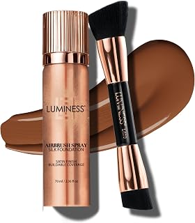 LUMINESS Silk Airbrush Spray Foundation & Buffing Brush Kit – Full Coverage Foundation & Dual-Sided Buffing Brush - Buildable Coverage, Anti-Aging Formula Hydrates & Moisturizes (Shade - Deep)