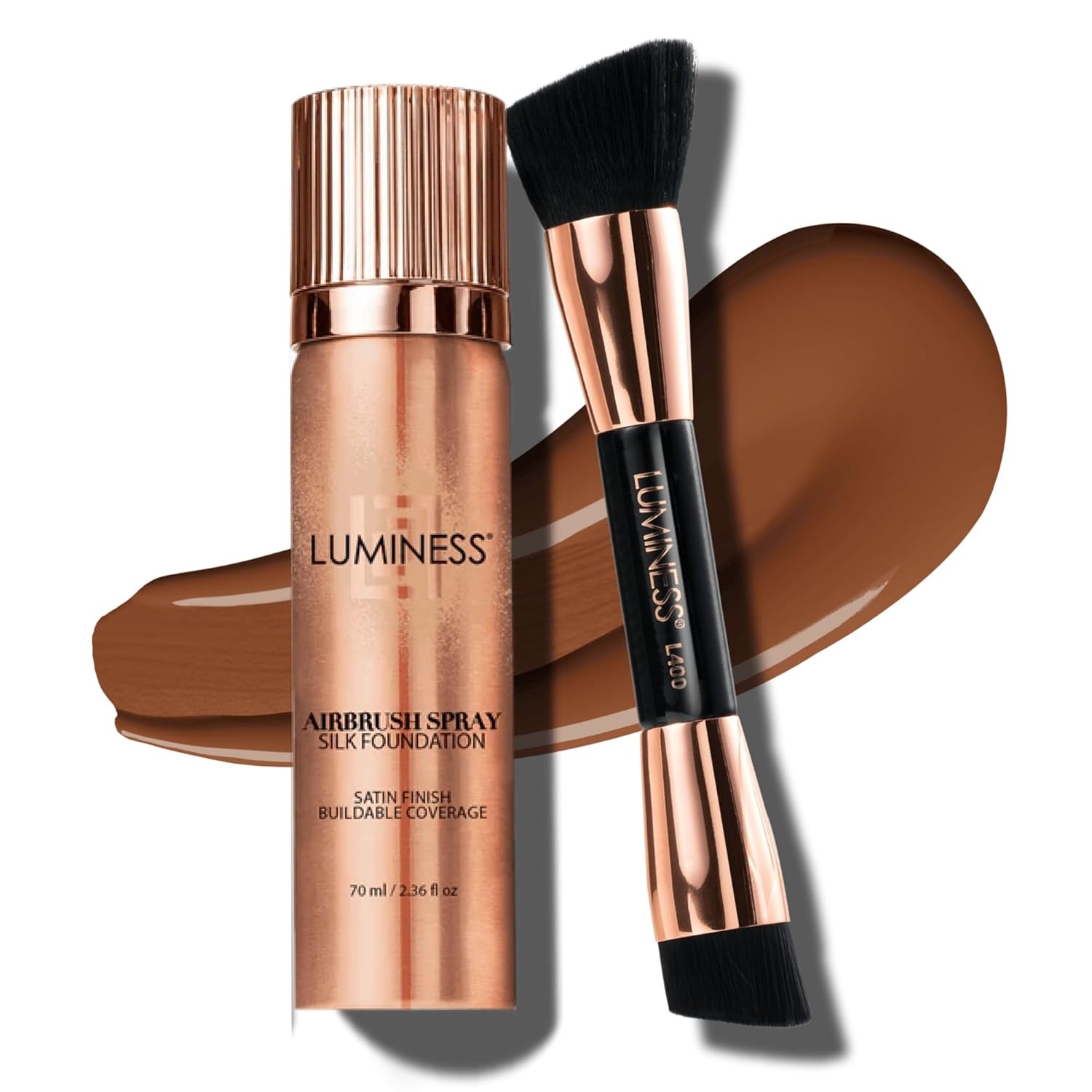 LUMINESS Silk Airbrush Spray Foundation & Buffing Brush Kit – Full Coverage Foundation & Dual-Sided Buffing Brush – Buildable Coverage, Anti-Aging Formula Hydrates & Moisturizes (Shade – Deep)